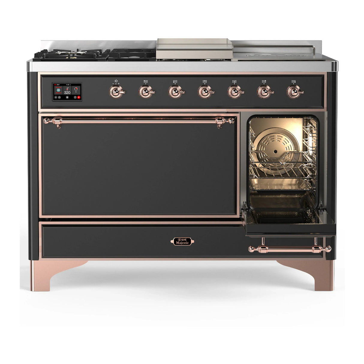 ILVE Majestic III 48-inch Dual Fuel Range with 5 Liquid Propane Burner, Griddle, French Top and Solid Door Electric Oven in Graphite Matte with Copper Trim (UM48FSQNR3MGPLP)