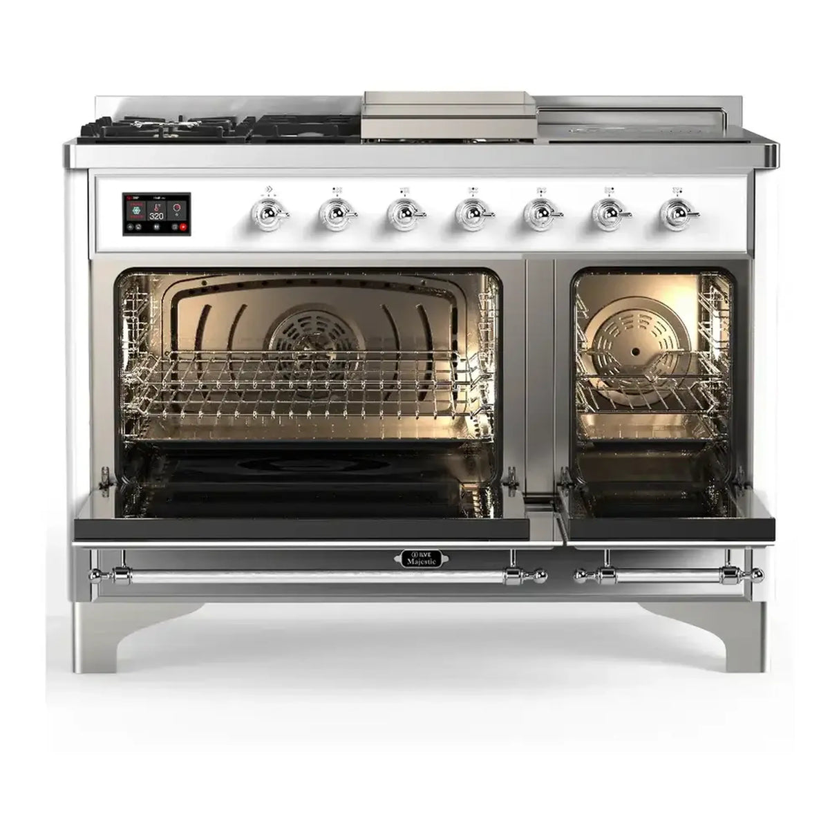 ILVE Majestic III 48-inch Dual Fuel Range with 5 Natural Gas Burner, Griddle, French Top and Solid Door Electric Oven in RAL with Chrome Trim (UM48FSQNR3RAC)