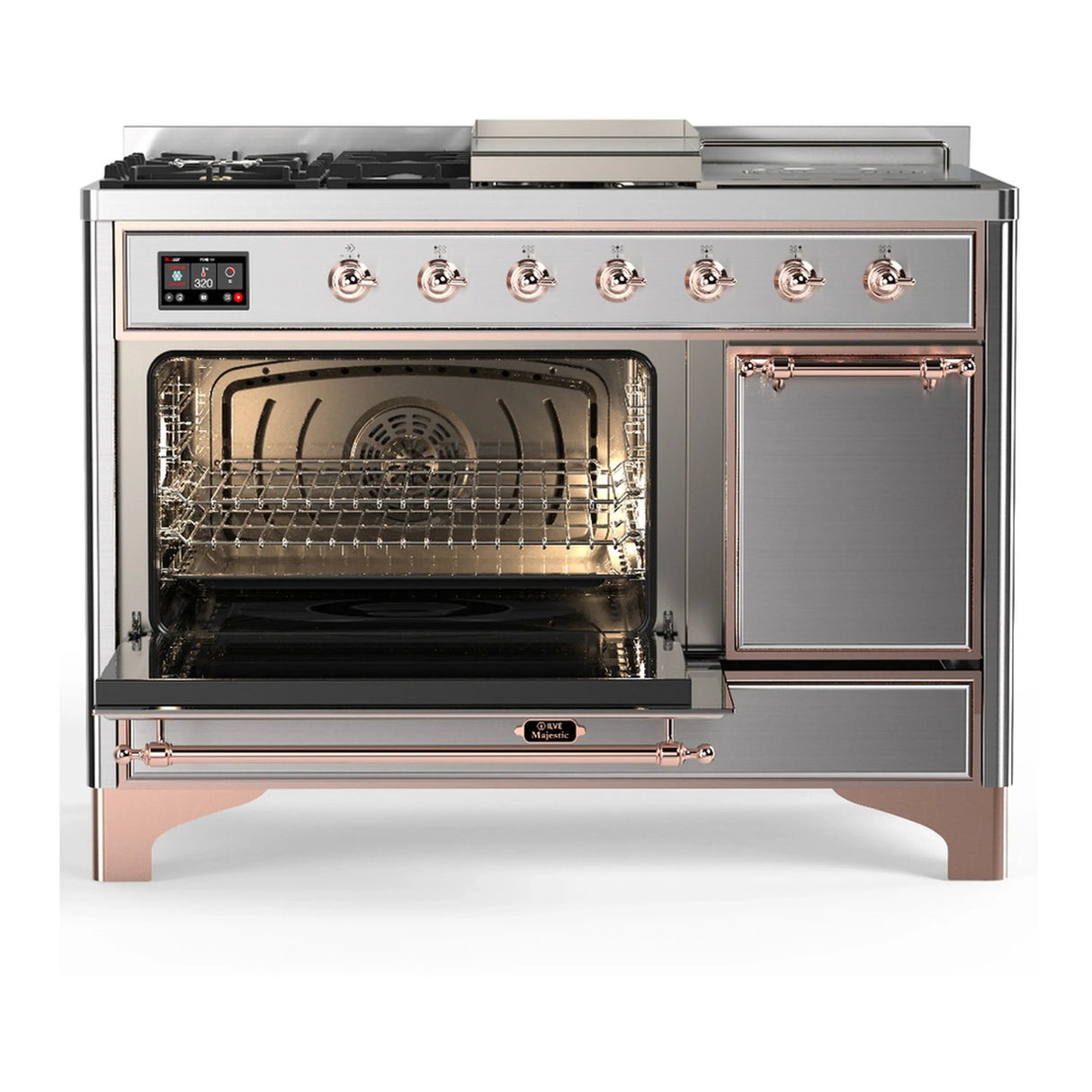 ILVE Majestic III 48-inch Dual Fuel Range with 5 Natural Gas Burner, Griddle, French Top and Solid Door Electric Oven in Stainless Steel with Copper Trim (UM48FSQNR3SSP)
