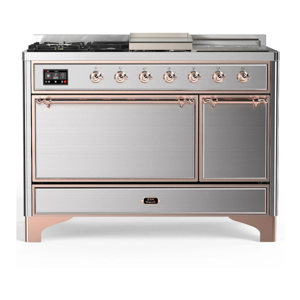 ILVE Majestic III 48-inch Dual Fuel Range with 5 Natural Gas Burner, Griddle, French Top and Solid Door Electric Oven in Stainless Steel with Copper Trim (UM48FSQNR3SSP)