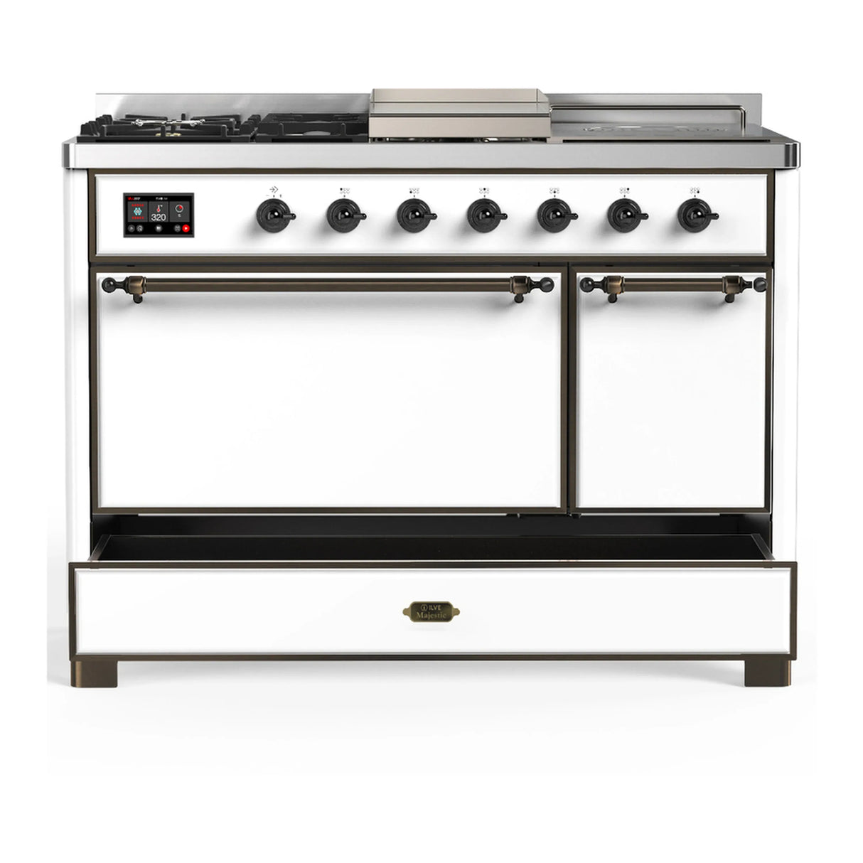 ILVE Majestic III 48-inch Dual Fuel Range with 5 Natural Gas Burner, Griddle, French Top and Solid Door Electric Oven in White with Burnished Trim (UM48FSQNR3WHB)