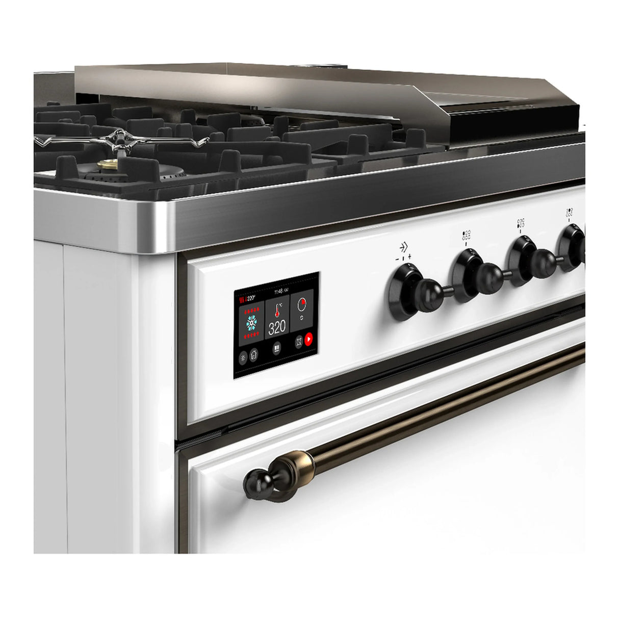 ILVE Majestic III 48-inch Dual Fuel Range with 5 Natural Gas Burner, Griddle, French Top and Solid Door Electric Oven in White with Burnished Trim (UM48FSQNR3WHB)