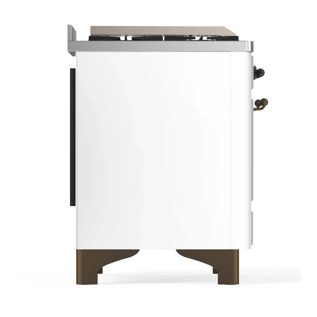 ILVE Majestic III 48-inch Dual Fuel Range with 5 Natural Gas Burner, Griddle, French Top and Solid Door Electric Oven in White with Burnished Trim (UM48FSQNR3WHB)