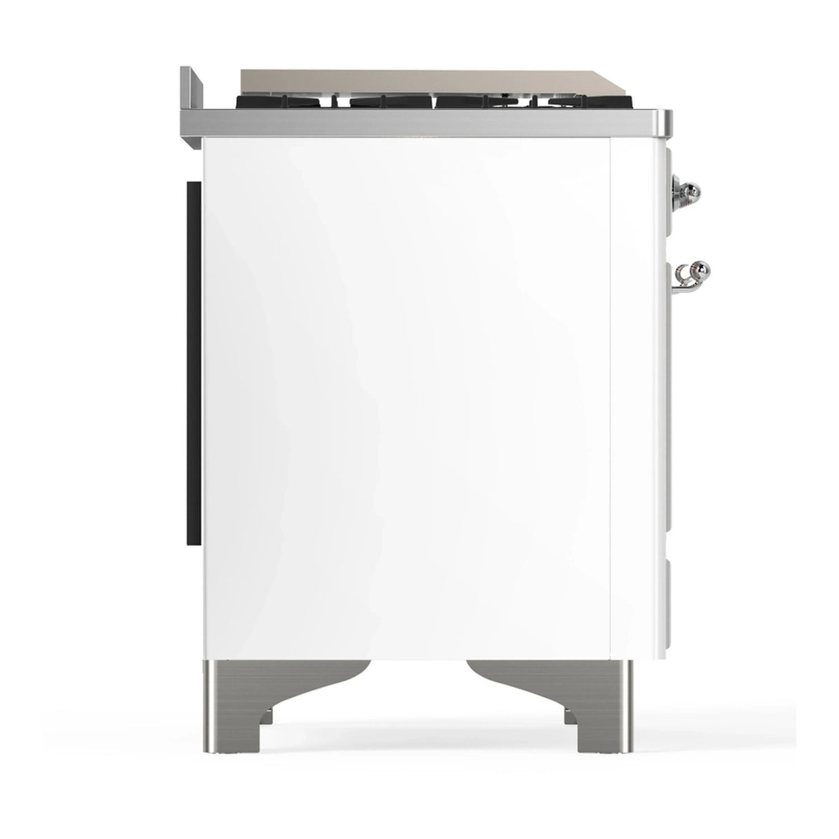 ILVE Majestic III 48-inch Dual Fuel Range with 5 Natural Gas Burner, Griddle, French Top and Solid Door Electric Oven in White with Chrome Trim (UM48FSQNR3WHC)