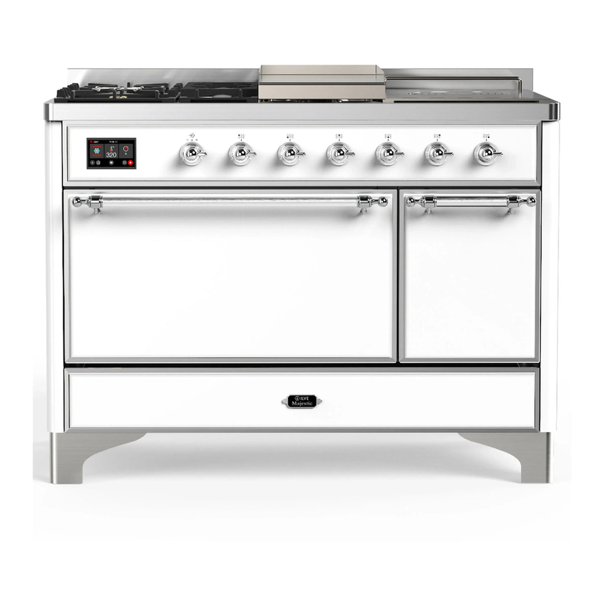 ILVE Majestic III 48-inch Dual Fuel Range with 5 Natural Gas Burner, Griddle, French Top and Solid Door Electric Oven in White with Chrome Trim (UM48FSQNR3WHC)