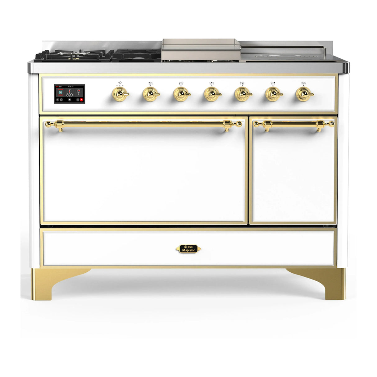 ILVE Majestic III 48-inch Dual Fuel Range with 5 Liquid Propane Burner, Griddle, French Top and Solid Door Electric Oven in White with Brass Trim (UM48FSQNR3WHGLP)