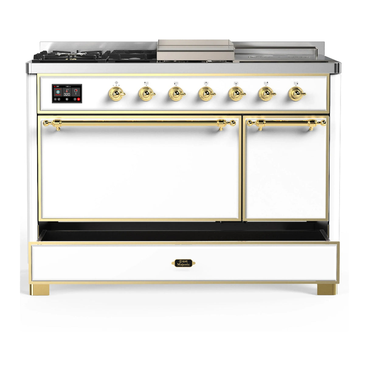 ILVE Majestic III 48-inch Dual Fuel Range with 5 Liquid Propane Burner, Griddle, French Top and Solid Door Electric Oven in White with Brass Trim (UM48FSQNR3WHGLP)