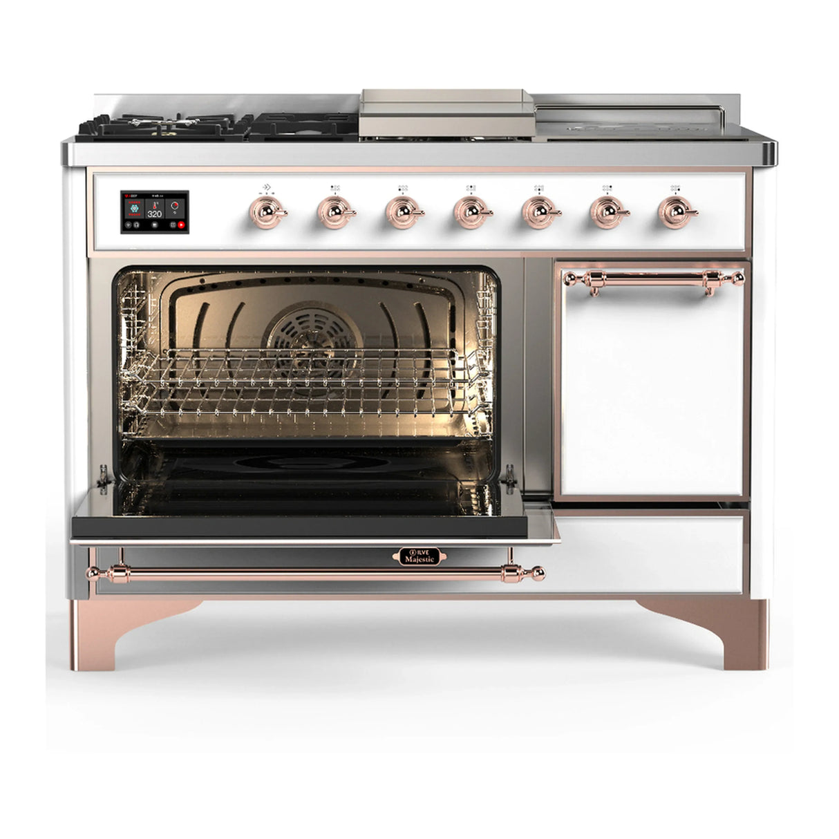 ILVE Majestic III 48-inch Dual Fuel Range with 5 Liquid Propane Burner, Griddle, French Top and Solid Door Electric Oven in White with Copper Trim (UM48FSQNR3WHPLP)