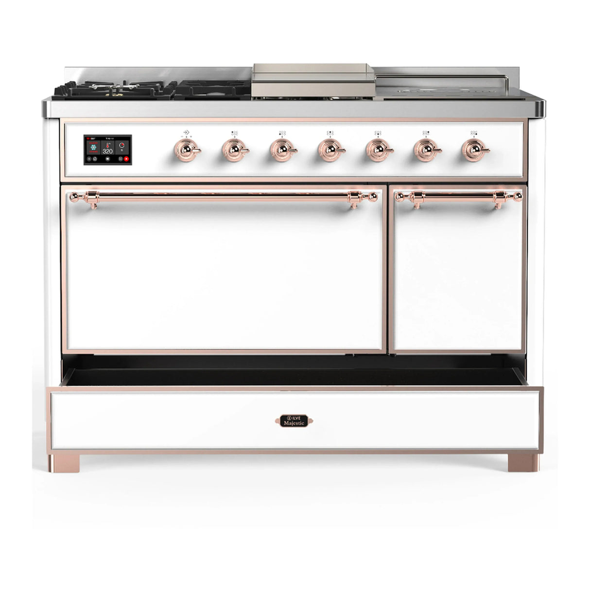ILVE Majestic III 48-inch Dual Fuel Range with 5 Liquid Propane Burner, Griddle, French Top and Solid Door Electric Oven in White with Copper Trim (UM48FSQNR3WHPLP)