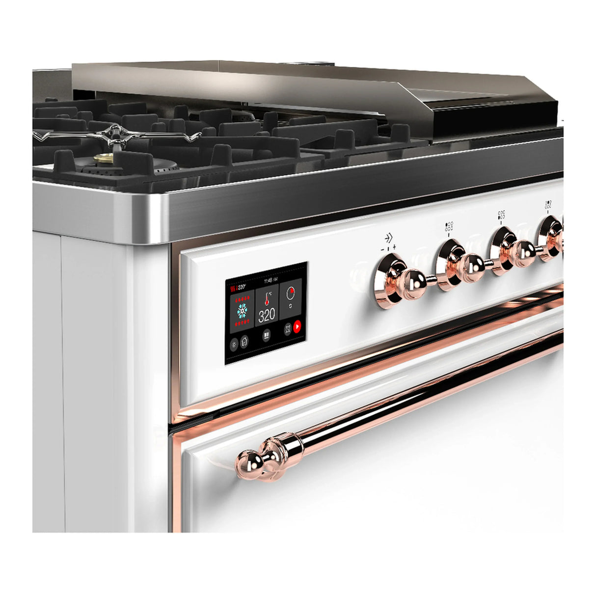ILVE Majestic III 48-inch Dual Fuel Range with 5 Liquid Propane Burner, Griddle, French Top and Solid Door Electric Oven in White with Copper Trim (UM48FSQNR3WHPLP)
