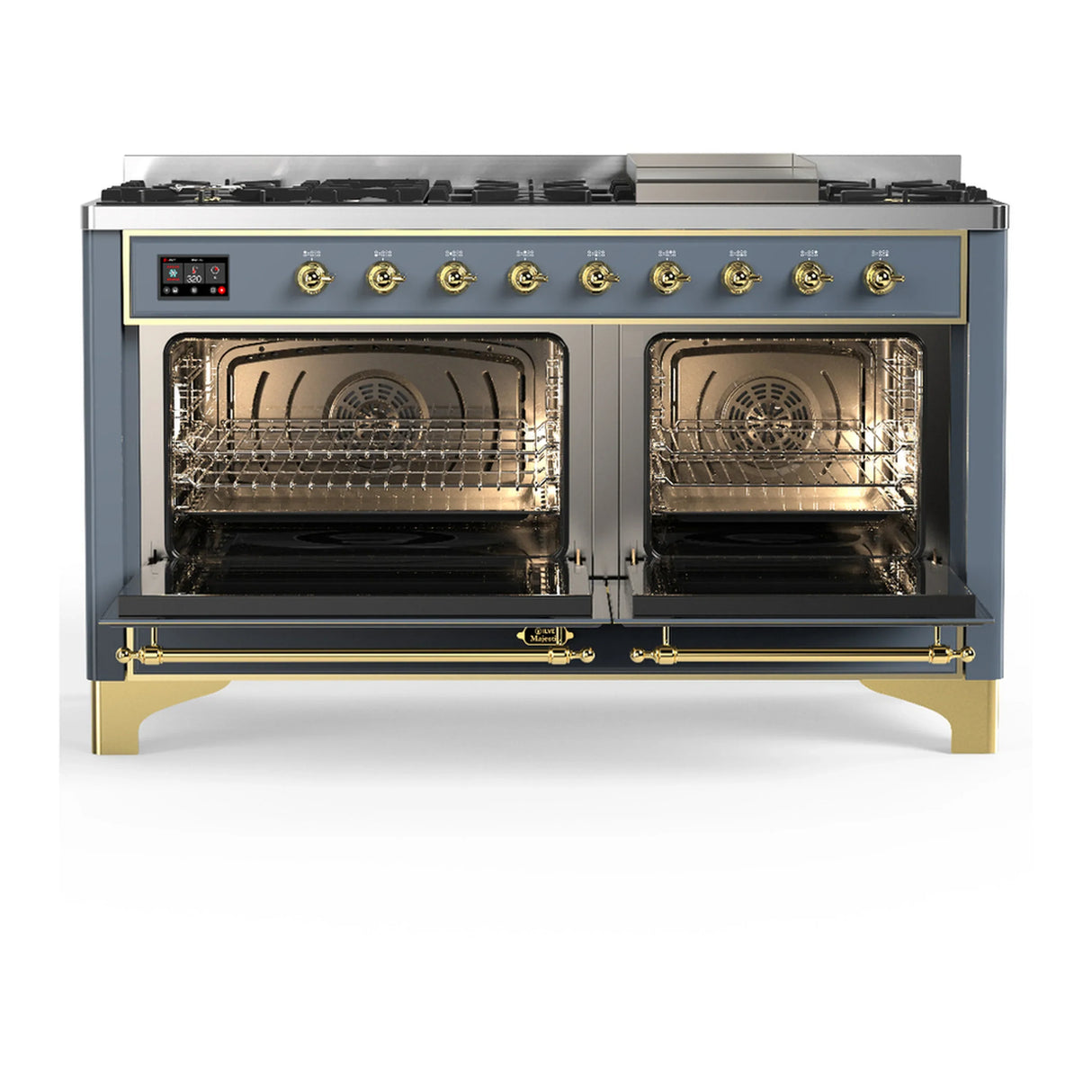 ILVE Majestic III 60-inch Dual Fuel Range with 7 Natural Gas Burner, Griddle and Triple Glass Door Electric Oven in Blue Grey with Brass Trim (UM60FNR3BGG)