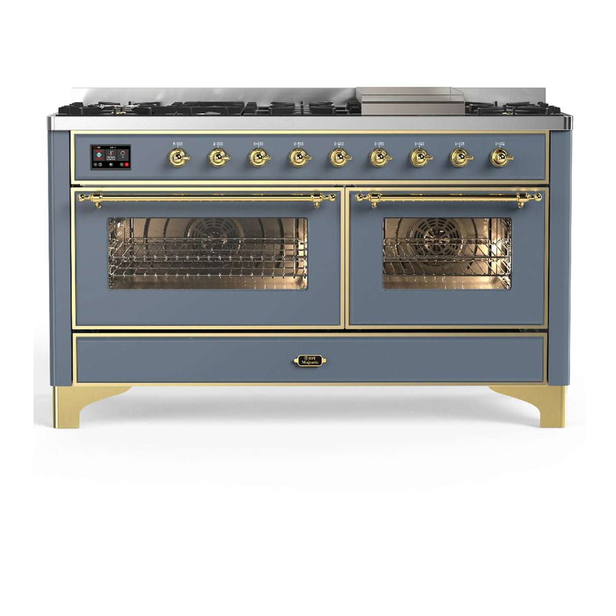 ILVE Majestic III 60-inch Dual Fuel Range with 7 Natural Gas Burner, Griddle and Triple Glass Door Electric Oven in Blue Grey with Brass Trim (UM60FNR3BGG)