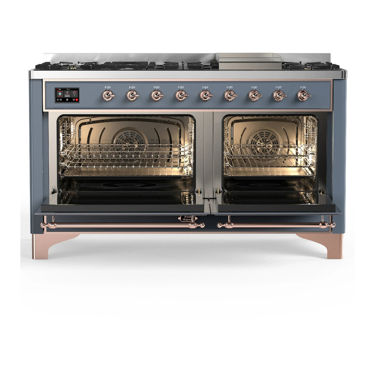 ILVE Majestic III 60-inch Dual Fuel Range with 5 Liquid Propane Burner, Griddle and Triple Glass Door Electric Oven in Blue Grey with Copper Trim (UM60FNR3BGPLP)