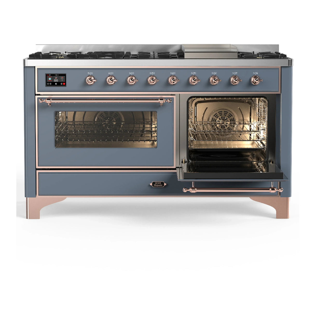 ILVE Majestic III 60-inch Dual Fuel Range with 5 Liquid Propane Burner, Griddle and Triple Glass Door Electric Oven in Blue Grey with Copper Trim (UM60FNR3BGPLP)
