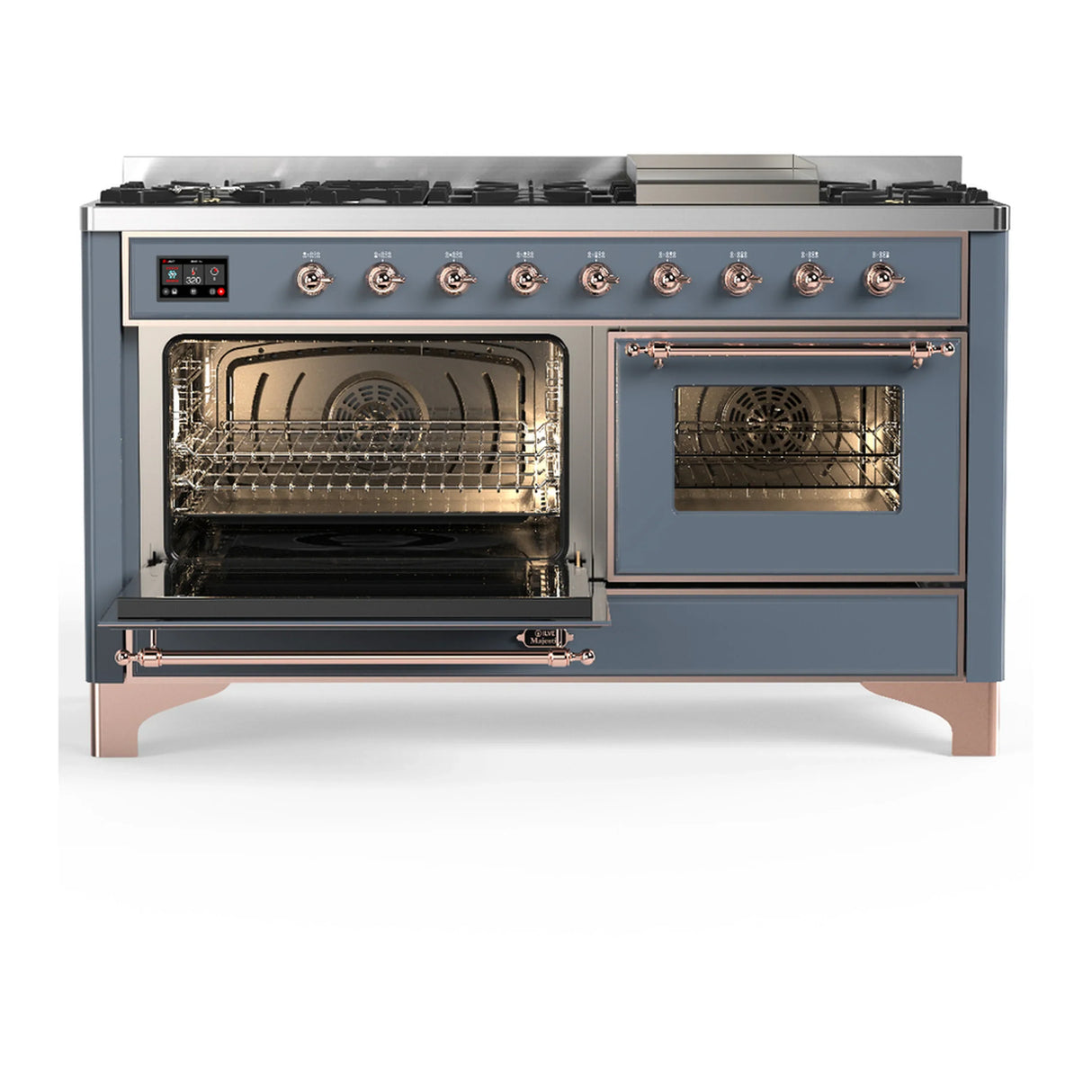 ILVE Majestic III 60-inch Dual Fuel Range with 5 Liquid Propane Burner, Griddle and Triple Glass Door Electric Oven in Blue Grey with Copper Trim (UM60FNR3BGPLP)