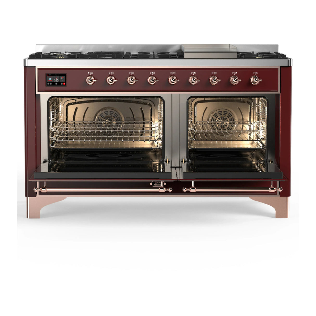 ILVE Majestic III 60-inch Dual Fuel Range with 7 Natural Gas Burner, Griddle and Triple Glass Door Electric Oven in Burgundy with Copper Trim (UM60FNR3BUP)