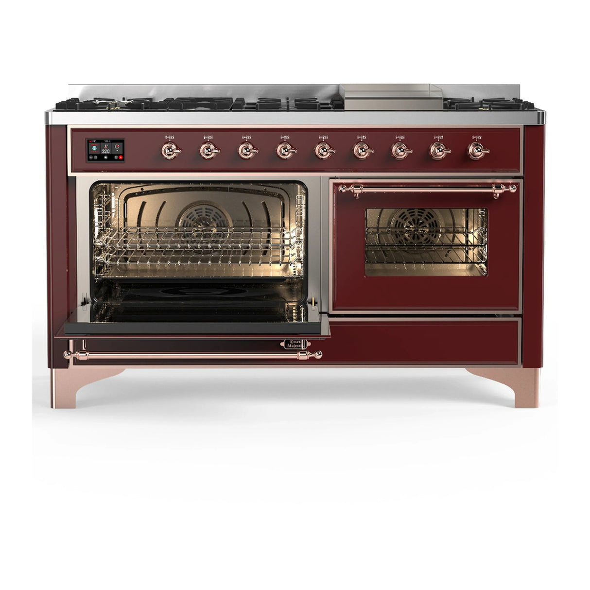 ILVE Majestic III 60-inch Dual Fuel Range with 7 Natural Gas Burner, Griddle and Triple Glass Door Electric Oven in Burgundy with Copper Trim (UM60FNR3BUP)