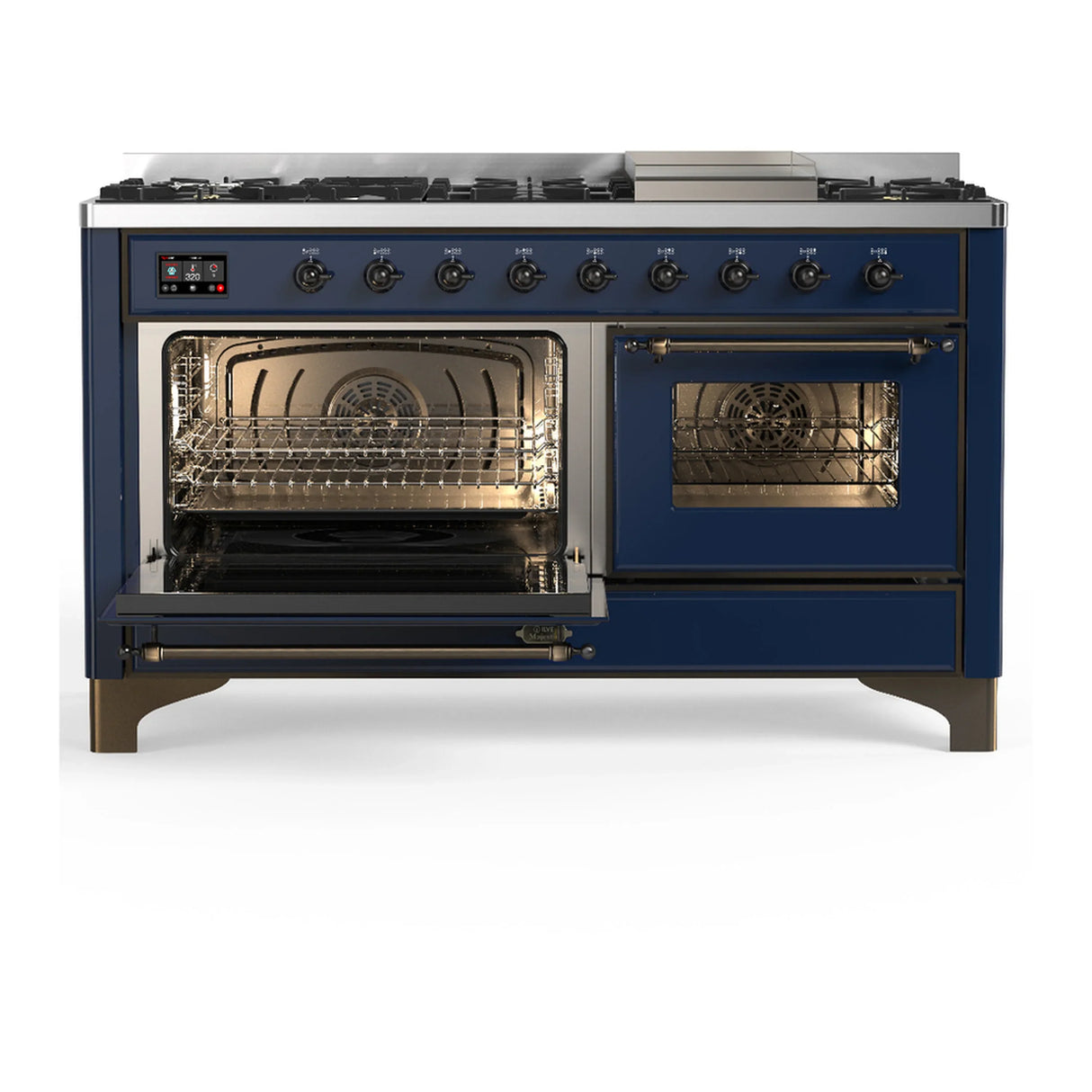 ILVE Majestic III 60-inch Dual Fuel Range with 7 Natural Gas Burner, Griddle and Triple Glass Door Electric Oven in Midnight Blue with Burnished Trim (UM60FNR3MBB)