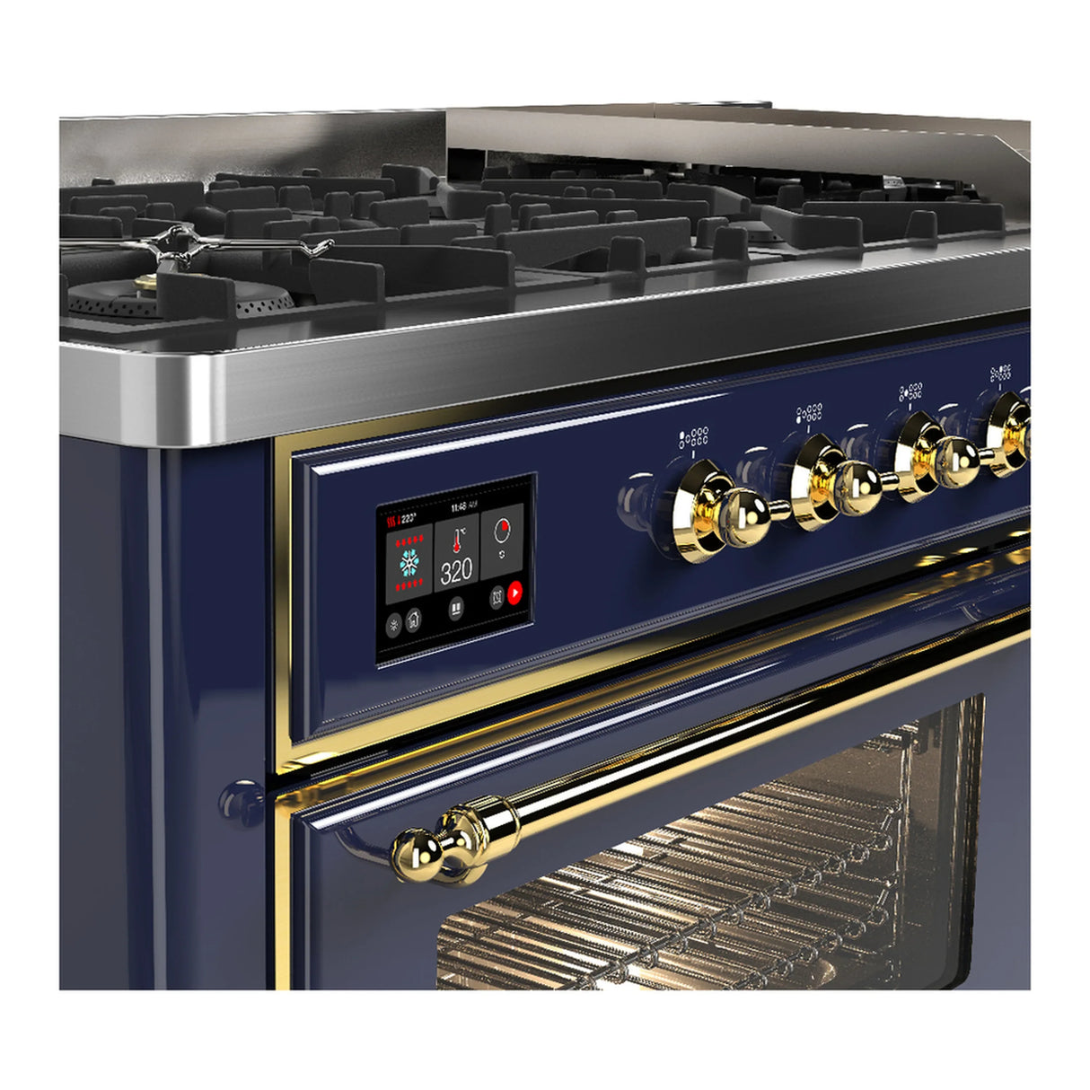 ILVE Majestic III 60-inch Dual Fuel Range with 7 Natural Gas Burner, Griddle and Triple Glass Door Electric Oven in Blue Grey with Brass Trim (UM60FNR3MBG)