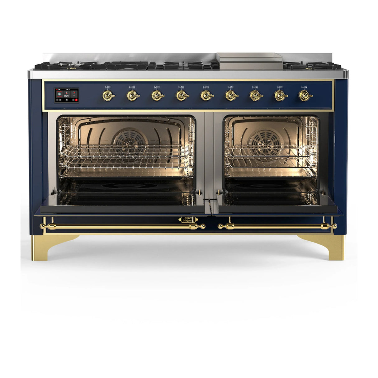 ILVE Majestic III 60-inch Dual Fuel Range with 7 Natural Gas Burner, Griddle and Triple Glass Door Electric Oven in Blue Grey with Brass Trim (UM60FNR3MBG)