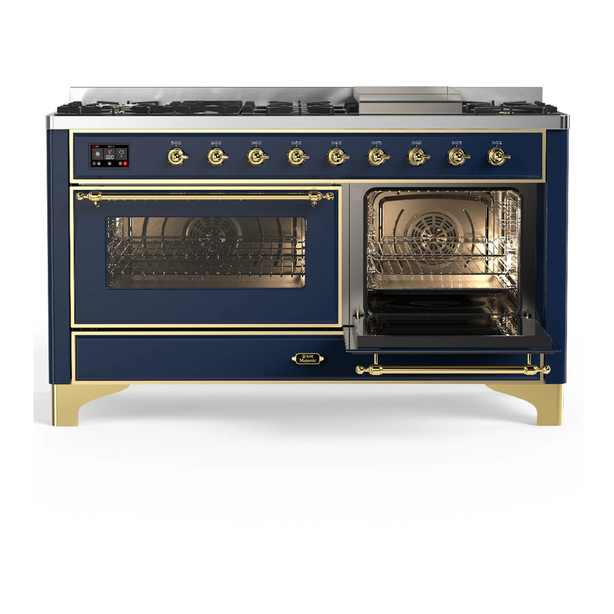 ILVE Majestic III 60-inch Dual Fuel Range with 7 Natural Gas Burner, Griddle and Triple Glass Door Electric Oven in Blue Grey with Brass Trim (UM60FNR3MBG)