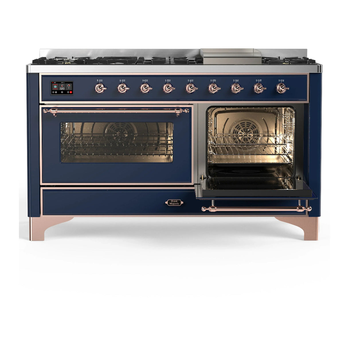 ILVE Majestic III 60-inch Dual Fuel Range with 7 Natural Gas Burner, Griddle and Triple Glass Door Electric Oven in Midnight Blue with Copper Trim (UM60FNR3MBP)