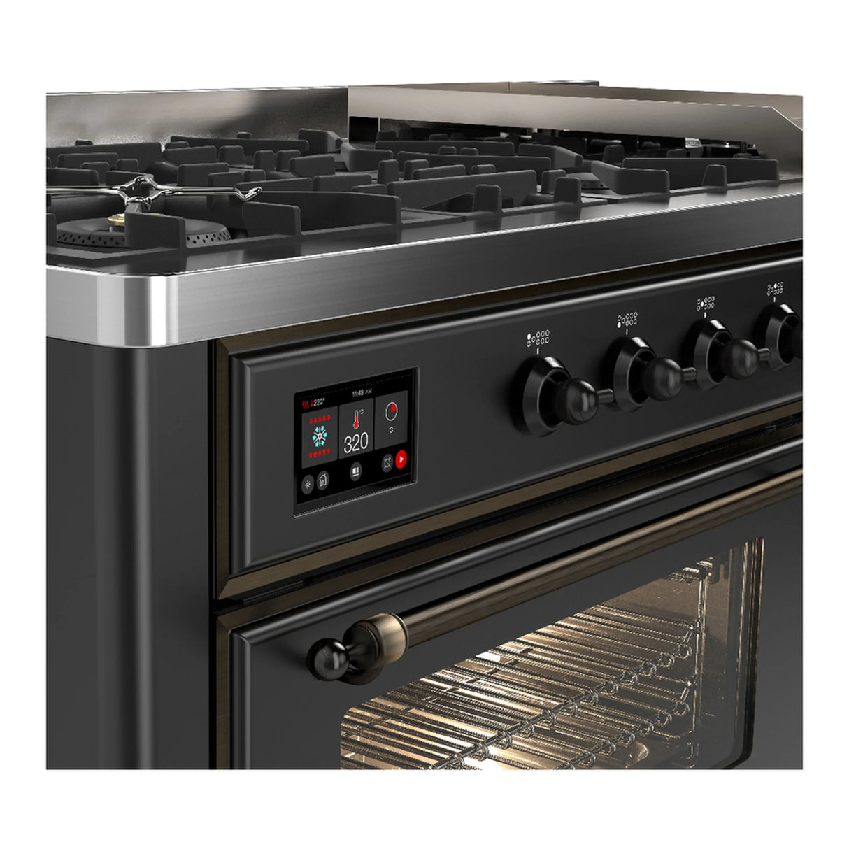 ILVE Majestic III 60-inch Dual Fuel Range with 7 Natural Gas Burner, Griddle and Triple Glass Door Electric Oven in Graphite Matte with Burnished Trim (UM60FNR3MGB)
