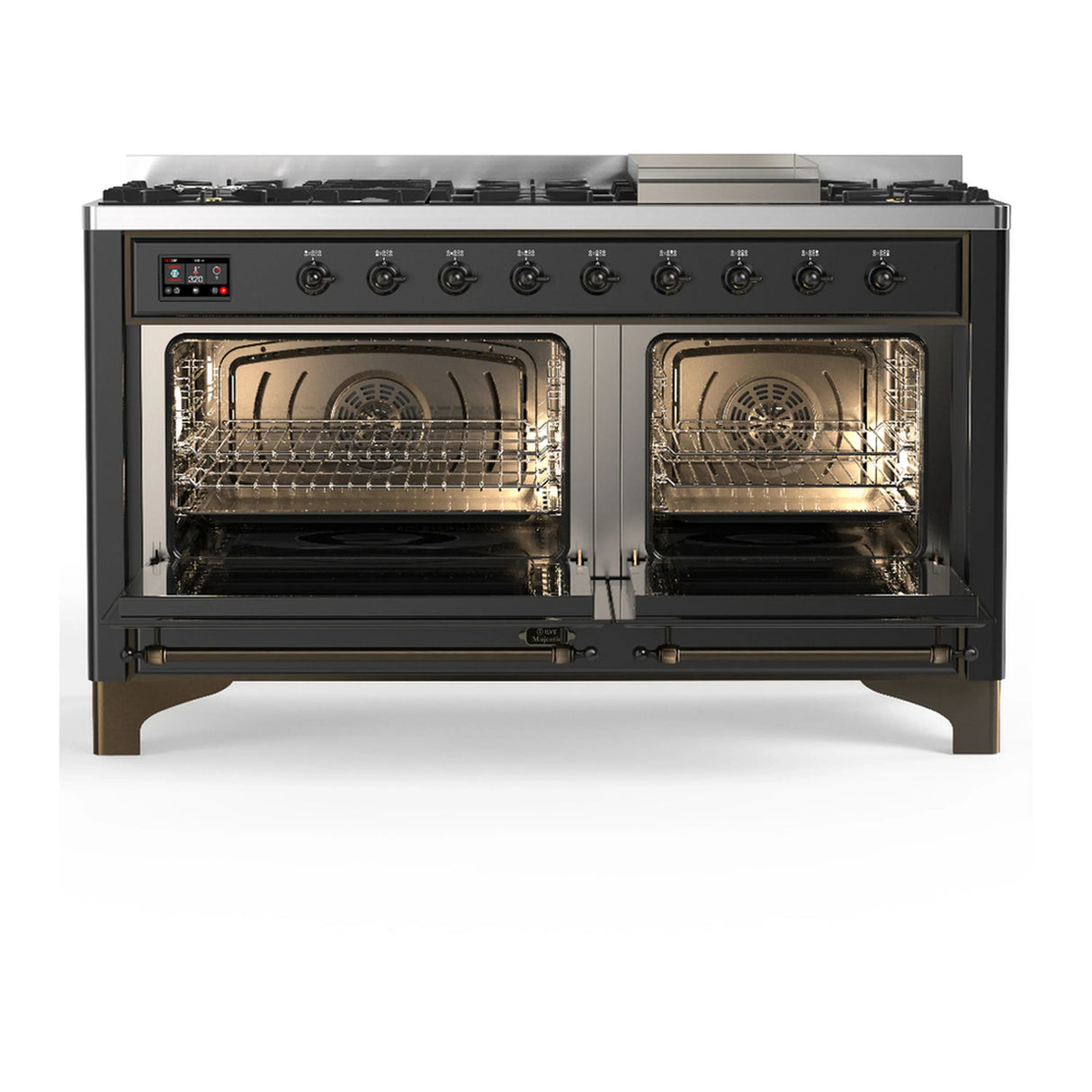 ILVE Majestic III 60-inch Dual Fuel Range with 7 Natural Gas Burner, Griddle and Triple Glass Door Electric Oven in Graphite Matte with Burnished Trim (UM60FNR3MGB)