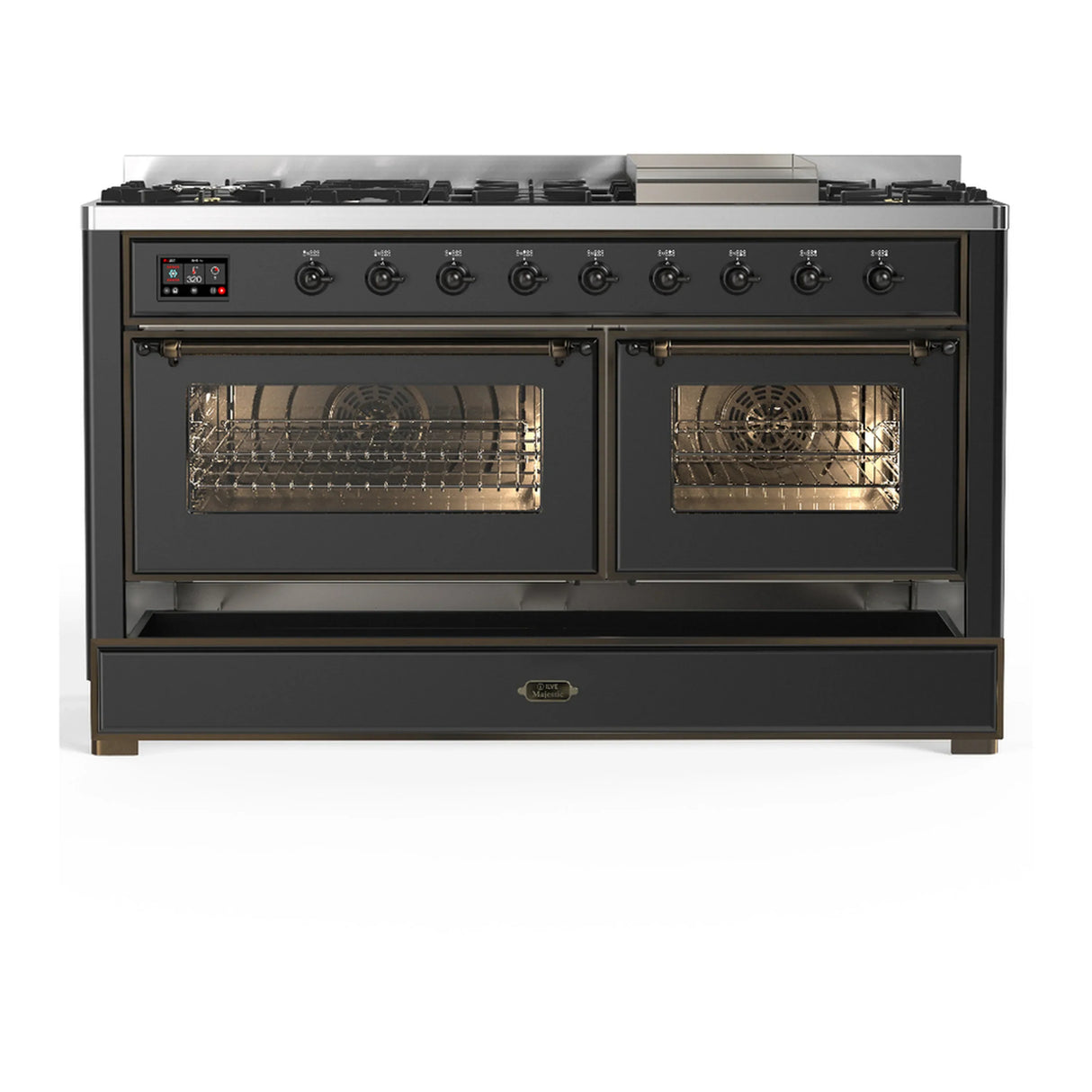 ILVE Majestic III 60-inch Dual Fuel Range with 7 Natural Gas Burner, Griddle and Triple Glass Door Electric Oven in Graphite Matte with Burnished Trim (UM60FNR3MGB)