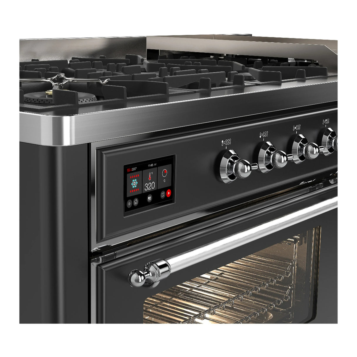 ILVE Majestic III 60-inch Dual Fuel Range with 7 Natural Gas Burner, Griddle and Triple Glass Door Electric Oven in Graphite Matte with Chrome Trim (UM60FNR3MGC)