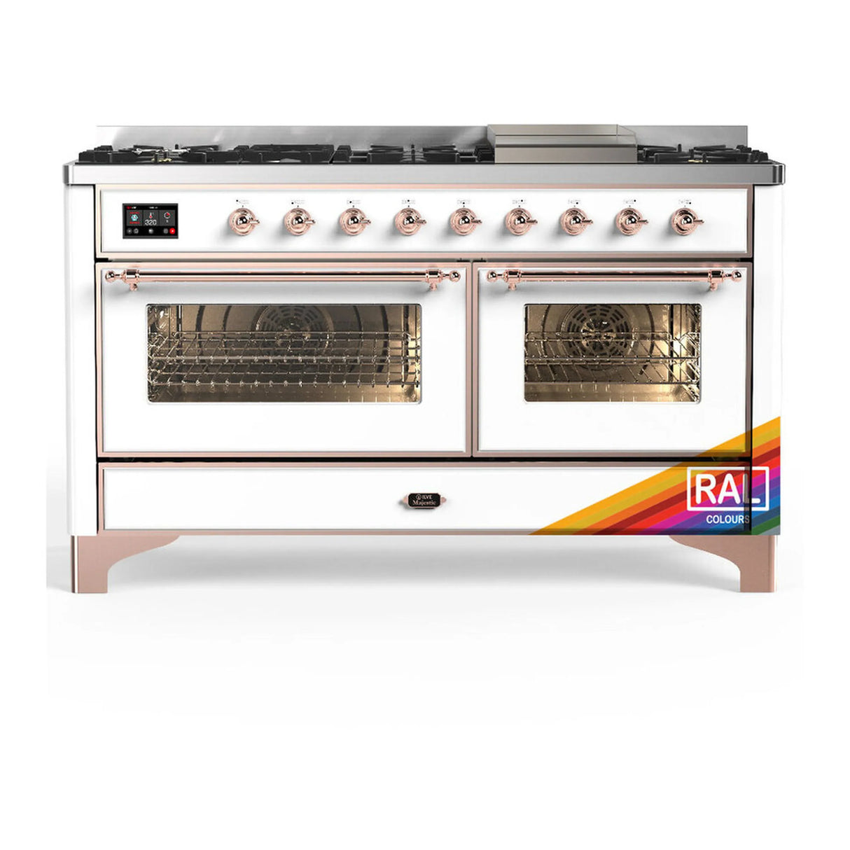 ILVE Majestic III 60-inch Dual Fuel Range with 7 Natural Gas Burner, Griddle and Triple Glass Door Electric Oven in RAL with Copper Trim (UM60FNR3RAP)