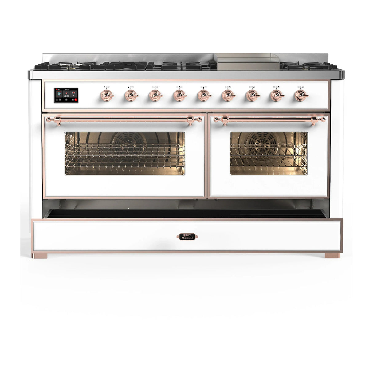 ILVE Majestic III 60-inch Dual Fuel Range with 7 Natural Gas Burner, Griddle and Triple Glass Door Electric Oven in White with Copper Trim (UM60FNR3WHP)