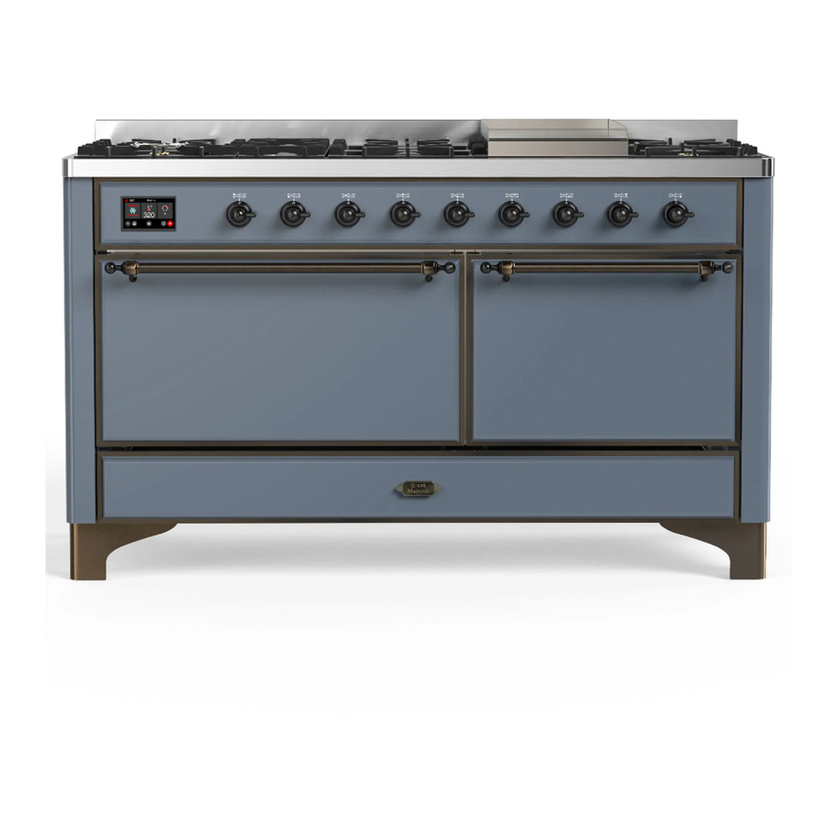 ILVE Majestic III 60-inch Dual Fuel Range with 7 Natural Gas Burner, Griddle and Solid Door Electric Oven in Blue Grey with Burnished Trim (UM60FQNR3BGB)