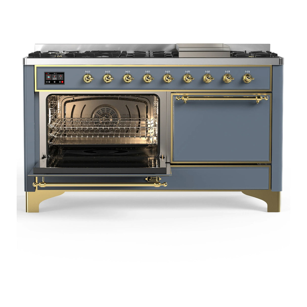 ILVE Majestic III 60-inch Dual Fuel Range with 5 Liquid Propane Burner, Griddle and Solid Door Electric Oven in Blue Grey with Brass Trim (UM60FQNR3BGGLP)