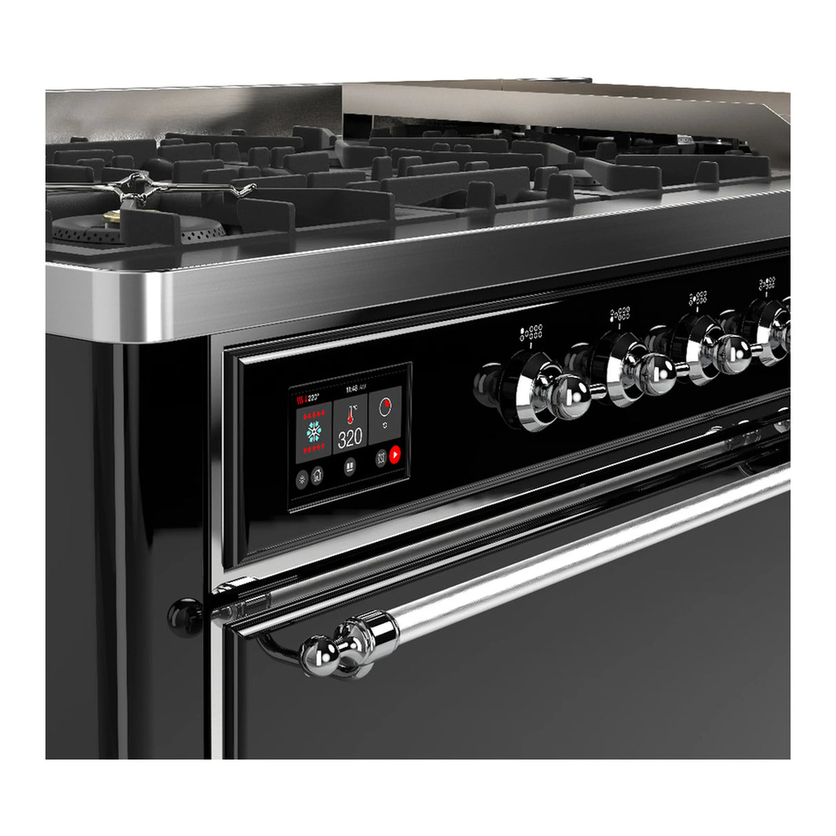 ILVE Majestic III 60-inch Dual Fuel Range with 7 Natural Gas Burner, Griddle and Solid Door Electric Oven in Glossy Black with Chrome Trim (UM60FQNR3BKC)