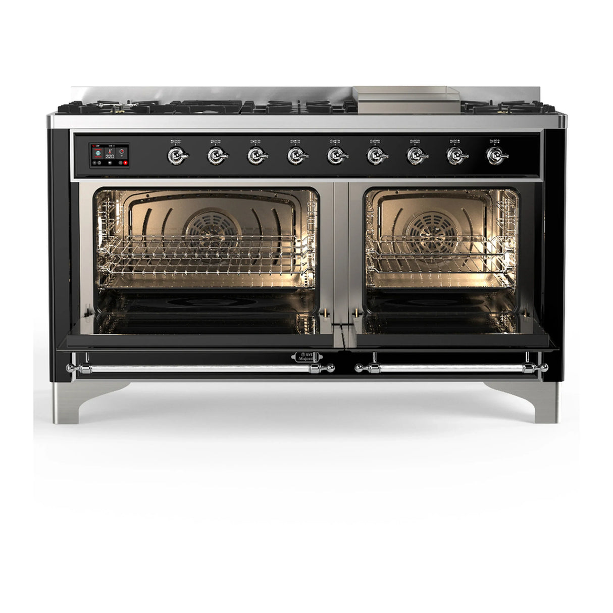 ILVE Majestic III 60-inch Dual Fuel Range with 7 Natural Gas Burner, Griddle and Solid Door Electric Oven in Glossy Black with Chrome Trim (UM60FQNR3BKC)