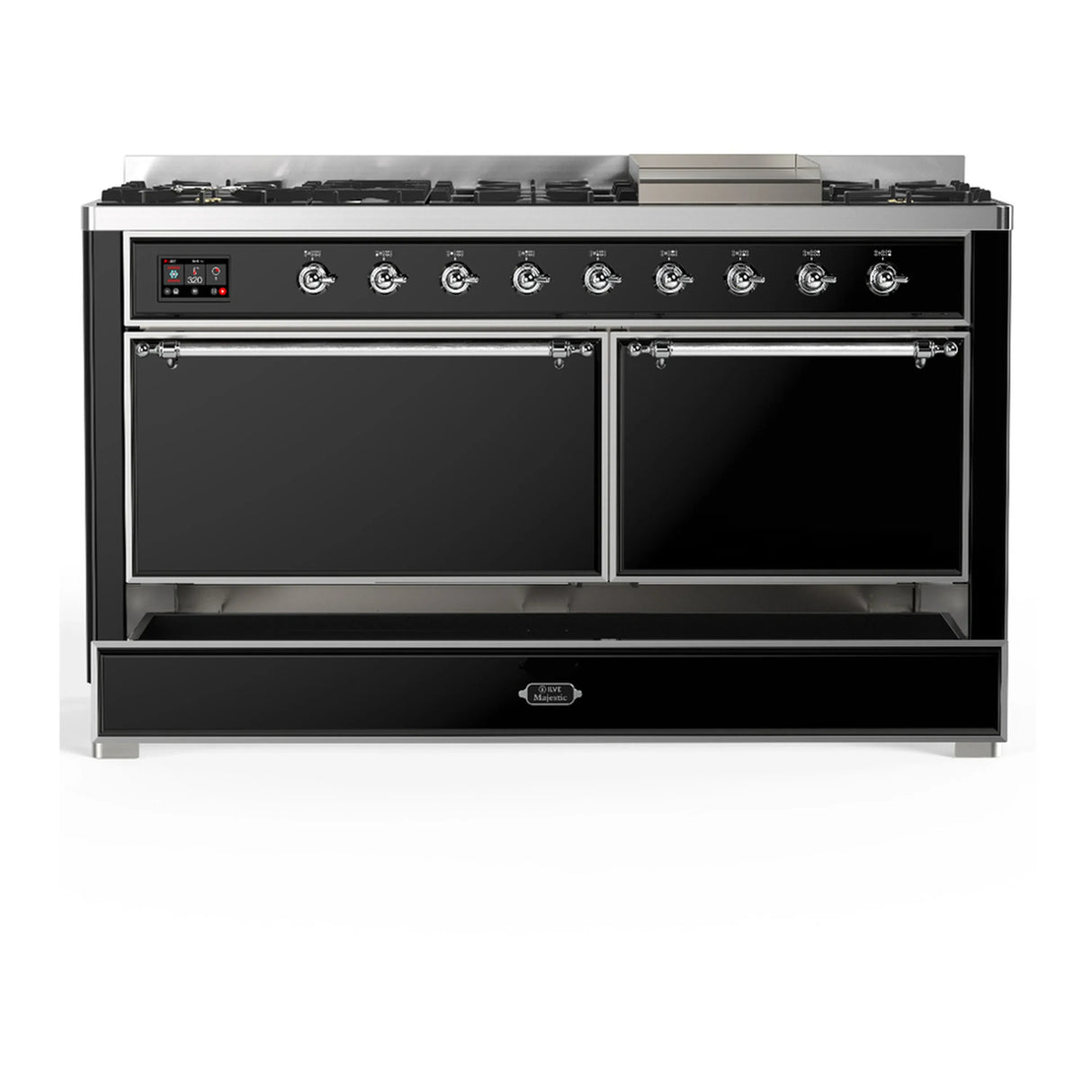 ILVE Majestic III 60-inch Dual Fuel Range with 7 Natural Gas Burner, Griddle and Solid Door Electric Oven in Glossy Black with Chrome Trim (UM60FQNR3BKC)