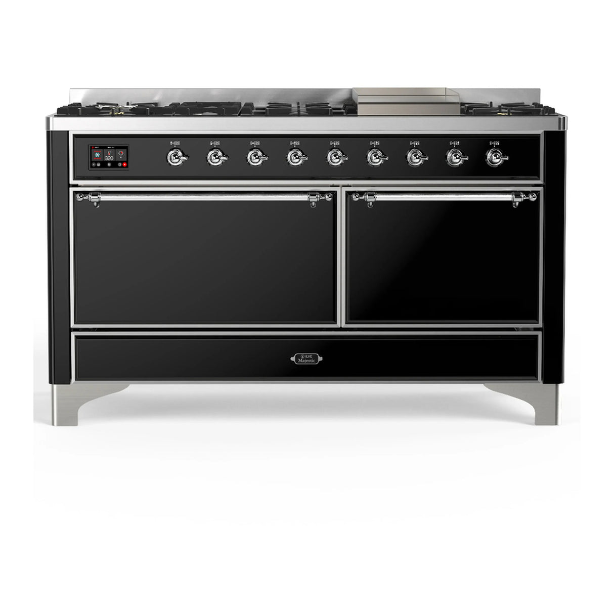 ILVE Majestic III 60-inch Dual Fuel Range with 7 Natural Gas Burner, Griddle and Solid Door Electric Oven in Glossy Black with Chrome Trim (UM60FQNR3BKC)