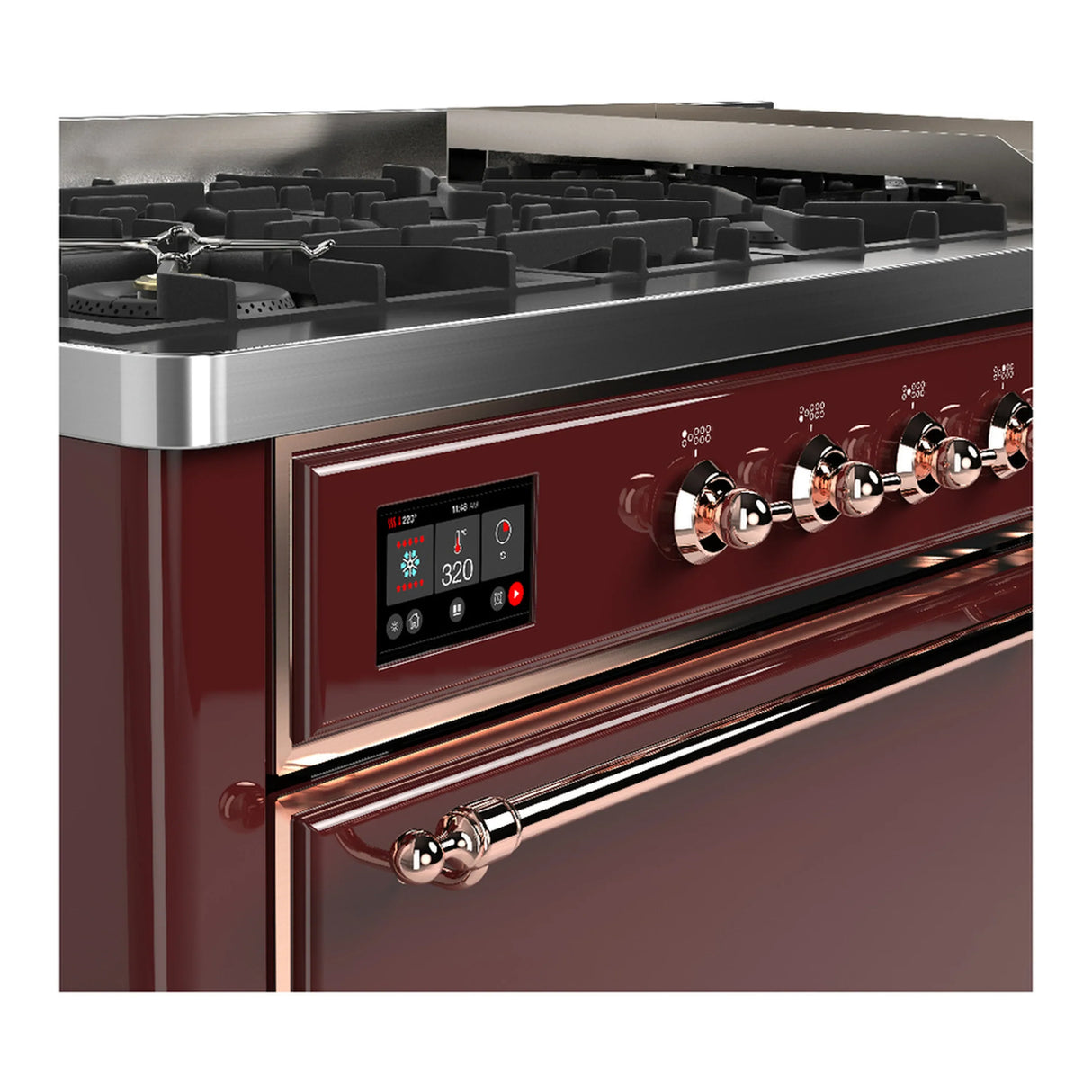 ILVE Majestic III 60-inch Dual Fuel Range with 5 Liquid Propane Burner, Griddle and Solid Door Electric Oven in Burgundy with Copper Trim (UM60FQNR3BUPLP)