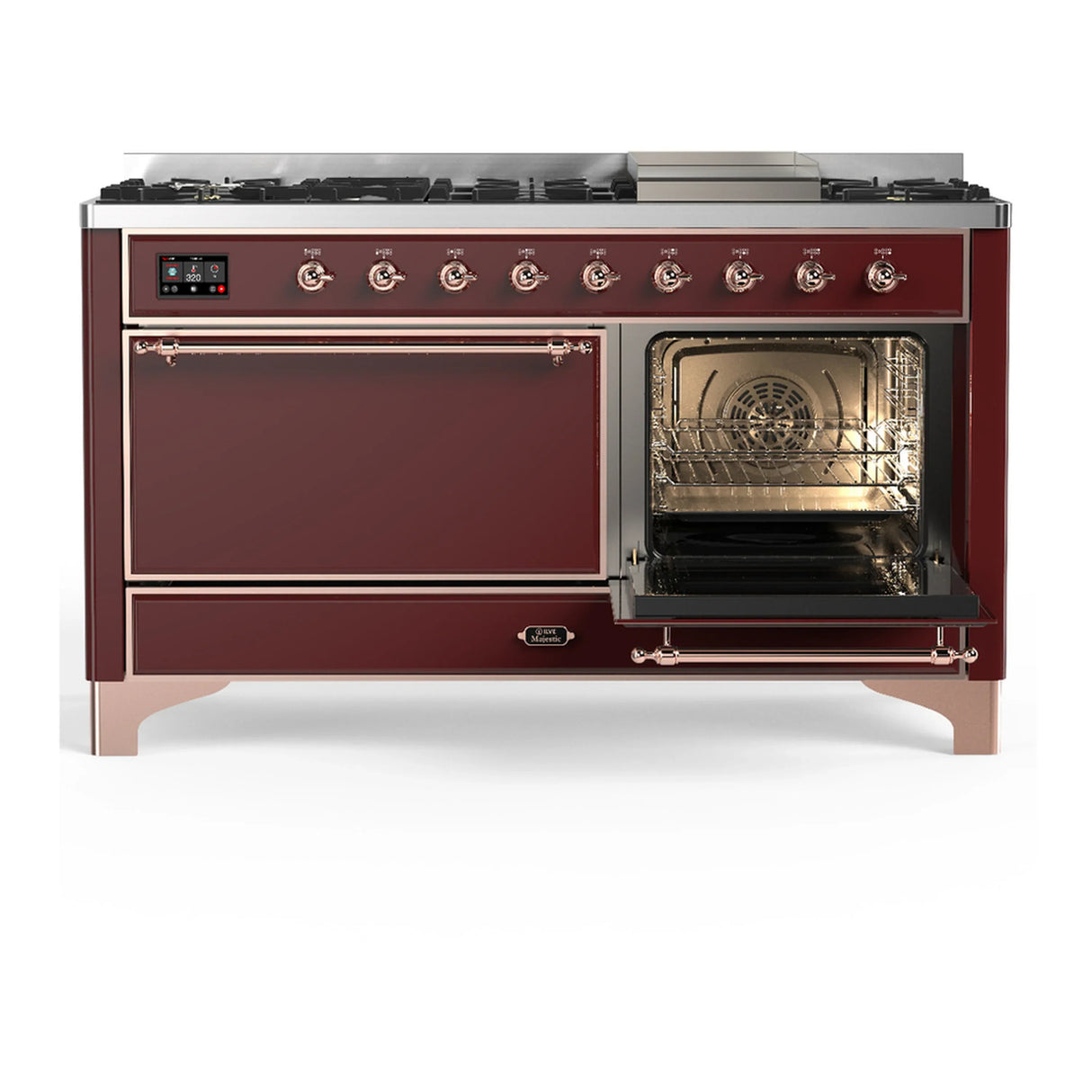 ILVE Majestic III 60-inch Dual Fuel Range with 5 Liquid Propane Burner, Griddle and Solid Door Electric Oven in Burgundy with Copper Trim (UM60FQNR3BUPLP)