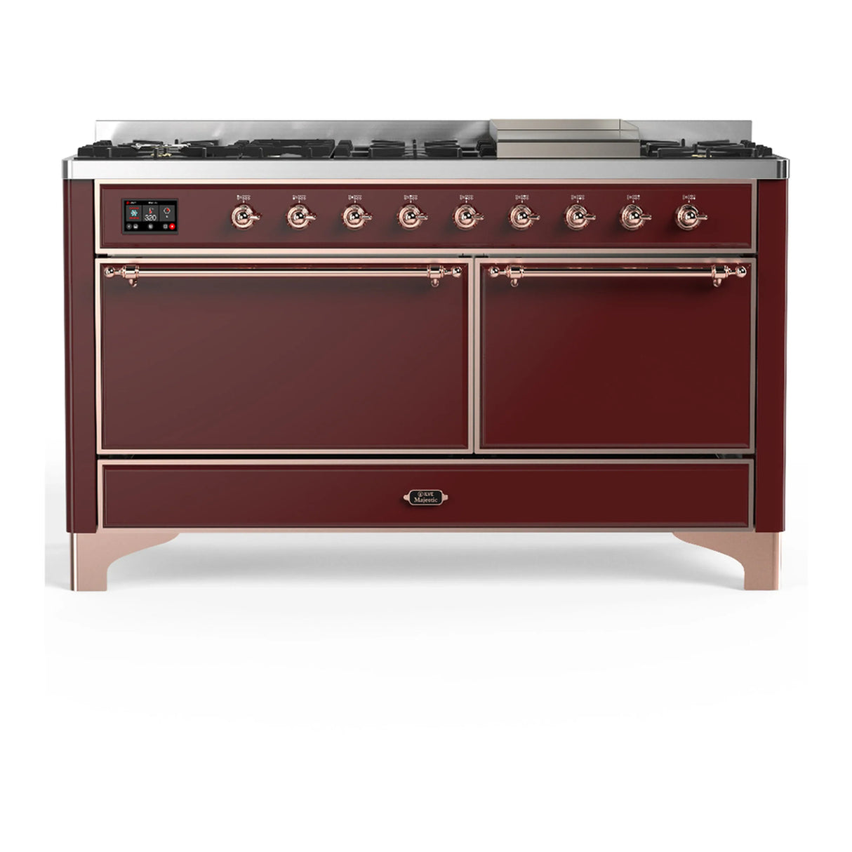 ILVE Majestic III 60-inch Dual Fuel Range with 5 Liquid Propane Burner, Griddle and Solid Door Electric Oven in Burgundy with Copper Trim (UM60FQNR3BUPLP)