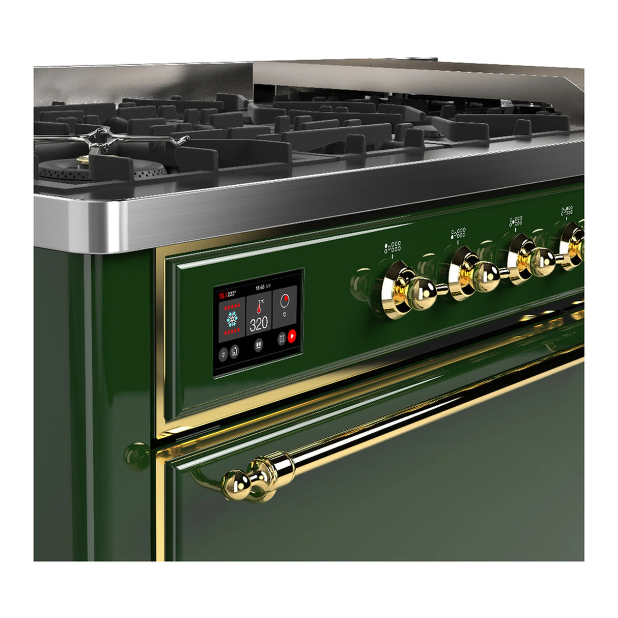 ILVE Majestic III 60-inch Dual Fuel Range with 7 Natural Gas Burner, Griddle and Solid Door Electric Oven in Emerald Green with Brass Trim (UM60FQNR3EGG)
