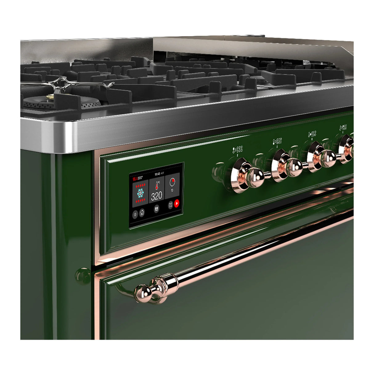 ILVE Majestic III 60-inch Dual Fuel Range with 7 Natural Gas Burner, Griddle and Solid Door Electric Oven in Emerald Green with Copper Trim (UM60FQNR3EGP)