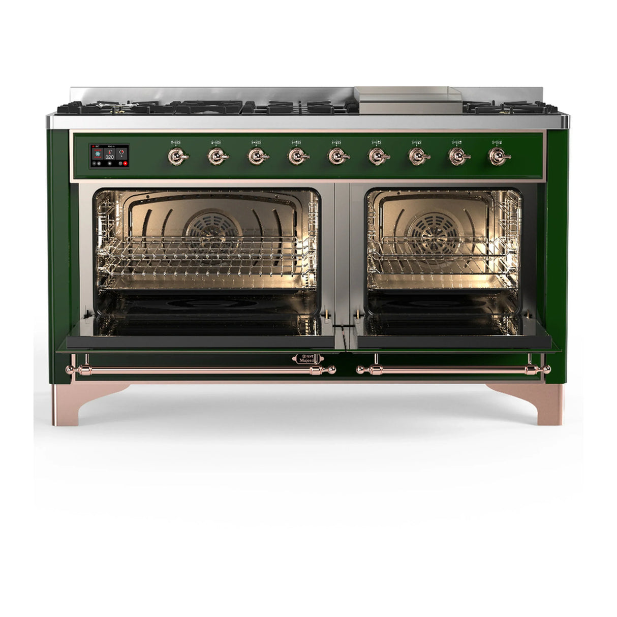 ILVE Majestic III 60-inch Dual Fuel Range with 7 Natural Gas Burner, Griddle and Solid Door Electric Oven in Emerald Green with Copper Trim (UM60FQNR3EGP)
