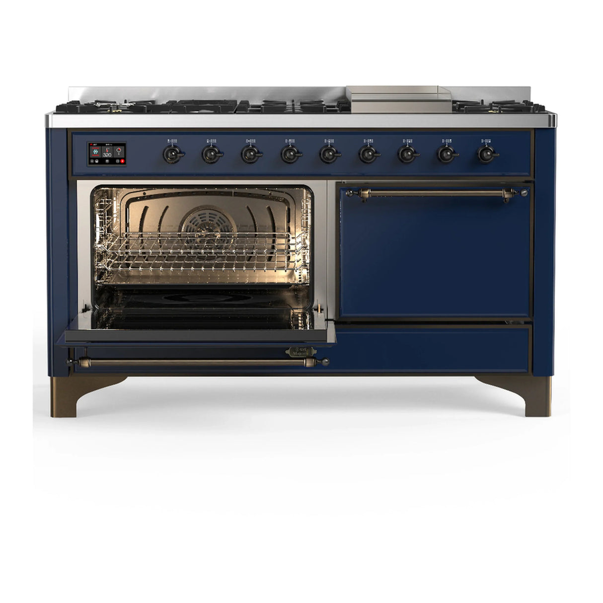 ILVE Majestic III 60-inch Dual Fuel Range with 5 Liquid Propane Burner, Griddle and Solid Door Electric Oven in Midnight Blue with Burnished Trim (UM60FQNR3MBBLP)