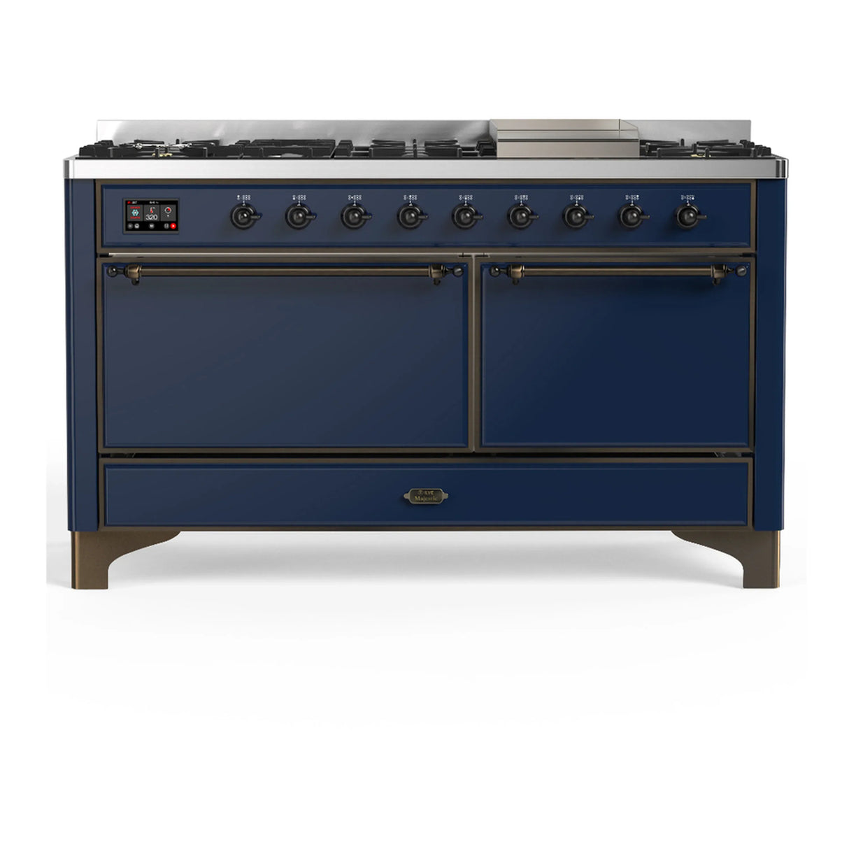 ILVE Majestic III 60-inch Dual Fuel Range with 5 Liquid Propane Burner, Griddle and Solid Door Electric Oven in Midnight Blue with Burnished Trim (UM60FQNR3MBBLP)