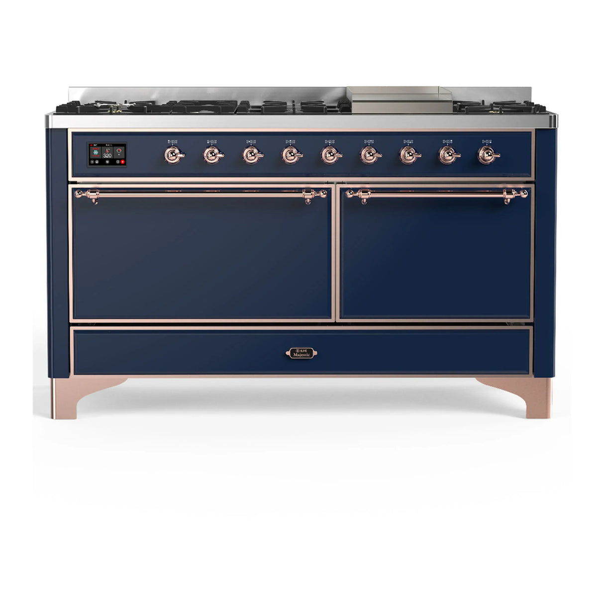 ILVE Majestic III 60-inch Dual Fuel Range with 5 Liquid Propane Burner, Griddle and Solid Door Electric Oven in Midnight Blue with Copper Trim (UM60FQNR3MBPLP)