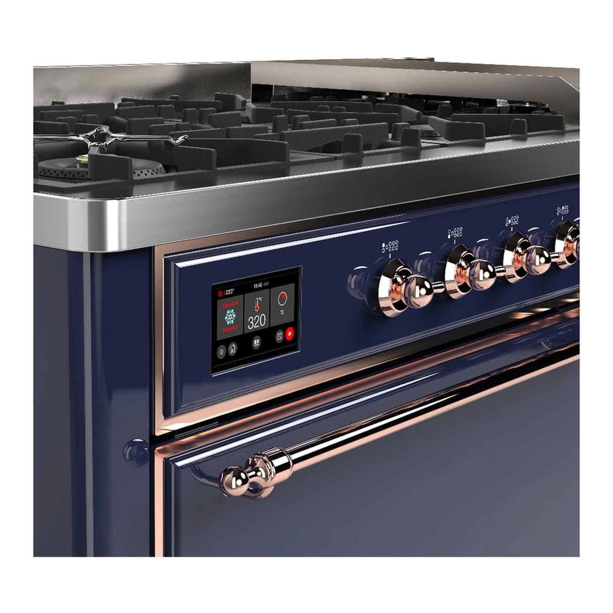 ILVE Majestic III 60-inch Dual Fuel Range with 5 Liquid Propane Burner, Griddle and Solid Door Electric Oven in Midnight Blue with Copper Trim (UM60FQNR3MBPLP)