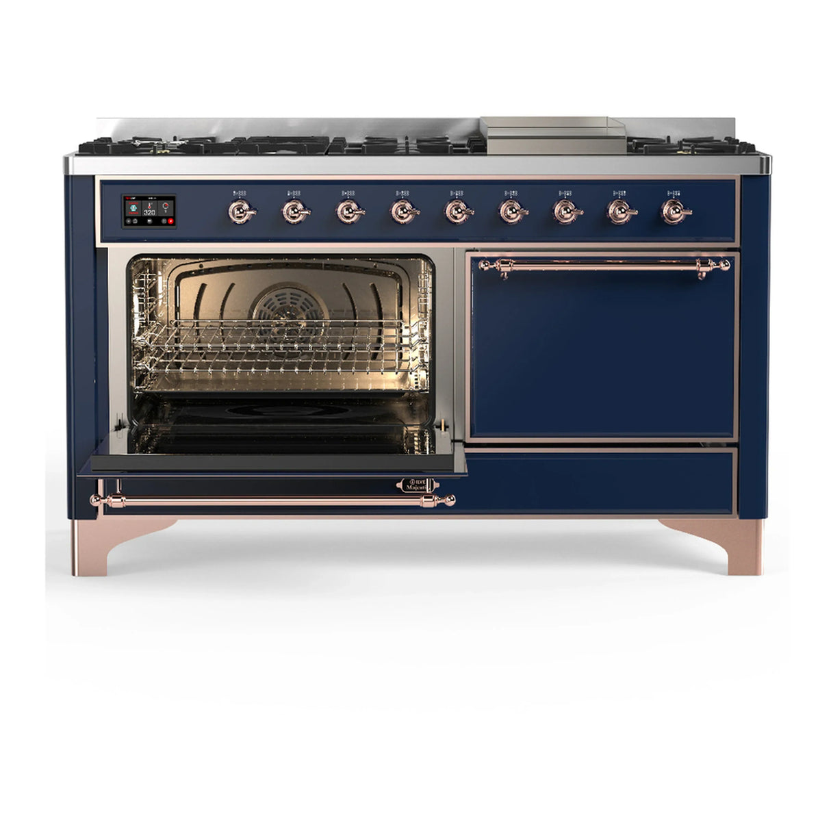 ILVE Majestic III 60-inch Dual Fuel Range with 5 Liquid Propane Burner, Griddle and Solid Door Electric Oven in Midnight Blue with Copper Trim (UM60FQNR3MBPLP)