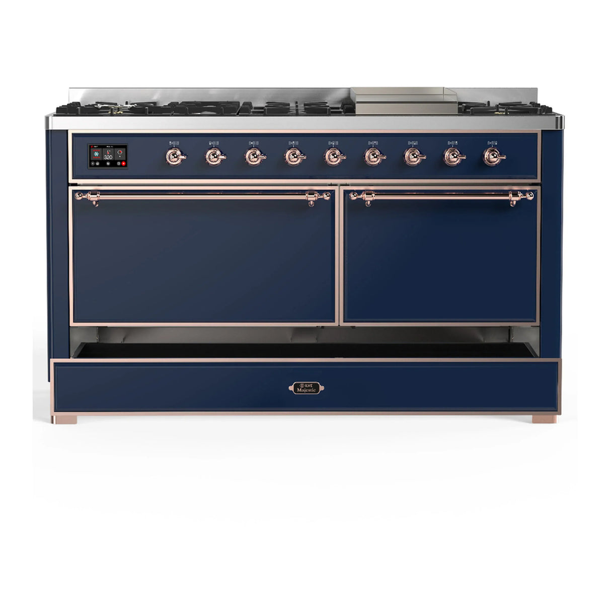 ILVE Majestic III 60-inch Dual Fuel Range with 5 Liquid Propane Burner, Griddle and Solid Door Electric Oven in Midnight Blue with Copper Trim (UM60FQNR3MBPLP)
